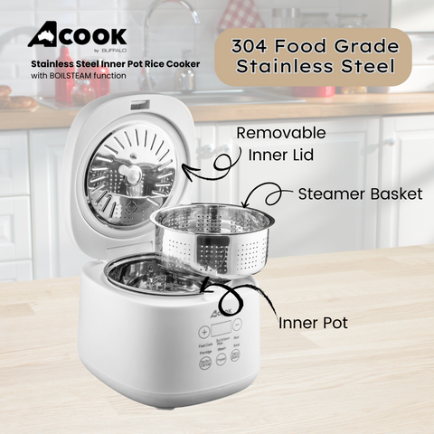 ACook by Buffalo BOILSTEAM Stainless Steel Inner Pot Mini Rice Cooker 2L