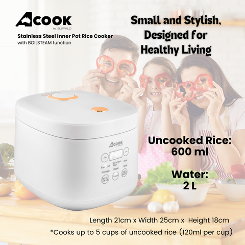 ACook by Buffalo BOILSTEAM Stainless Steel Inner Pot Mini Rice Cooker 2L